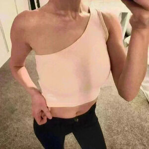 Puma Blush Pink Goddess Crop Top One Off the Shoulder Light Pink Cream Beige Whi